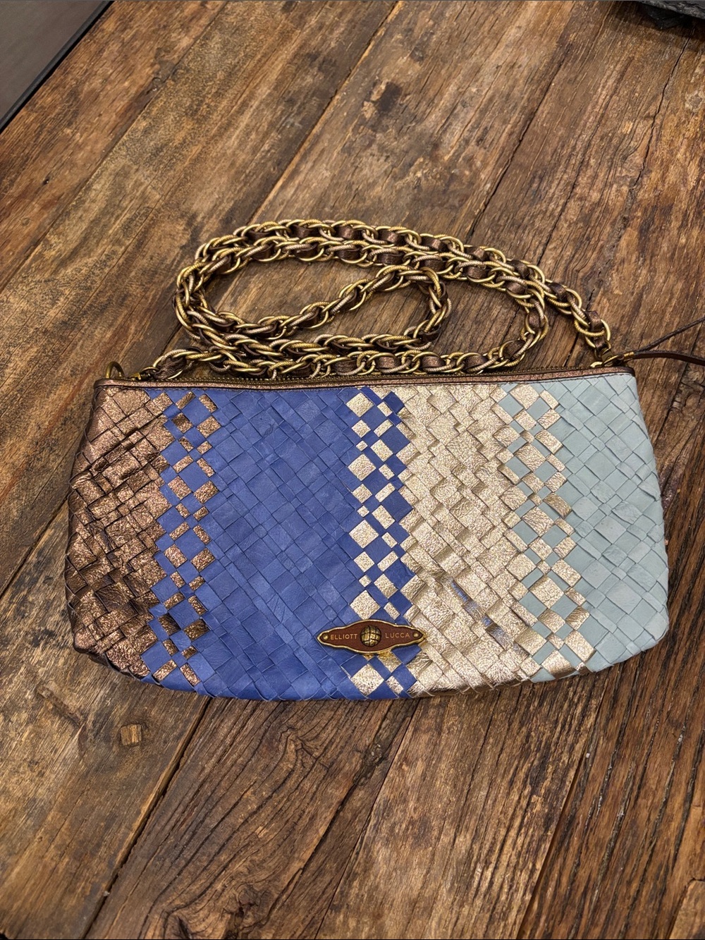 Elliott Lucca Blue Silver Brown Woven Chain Strap Clutch